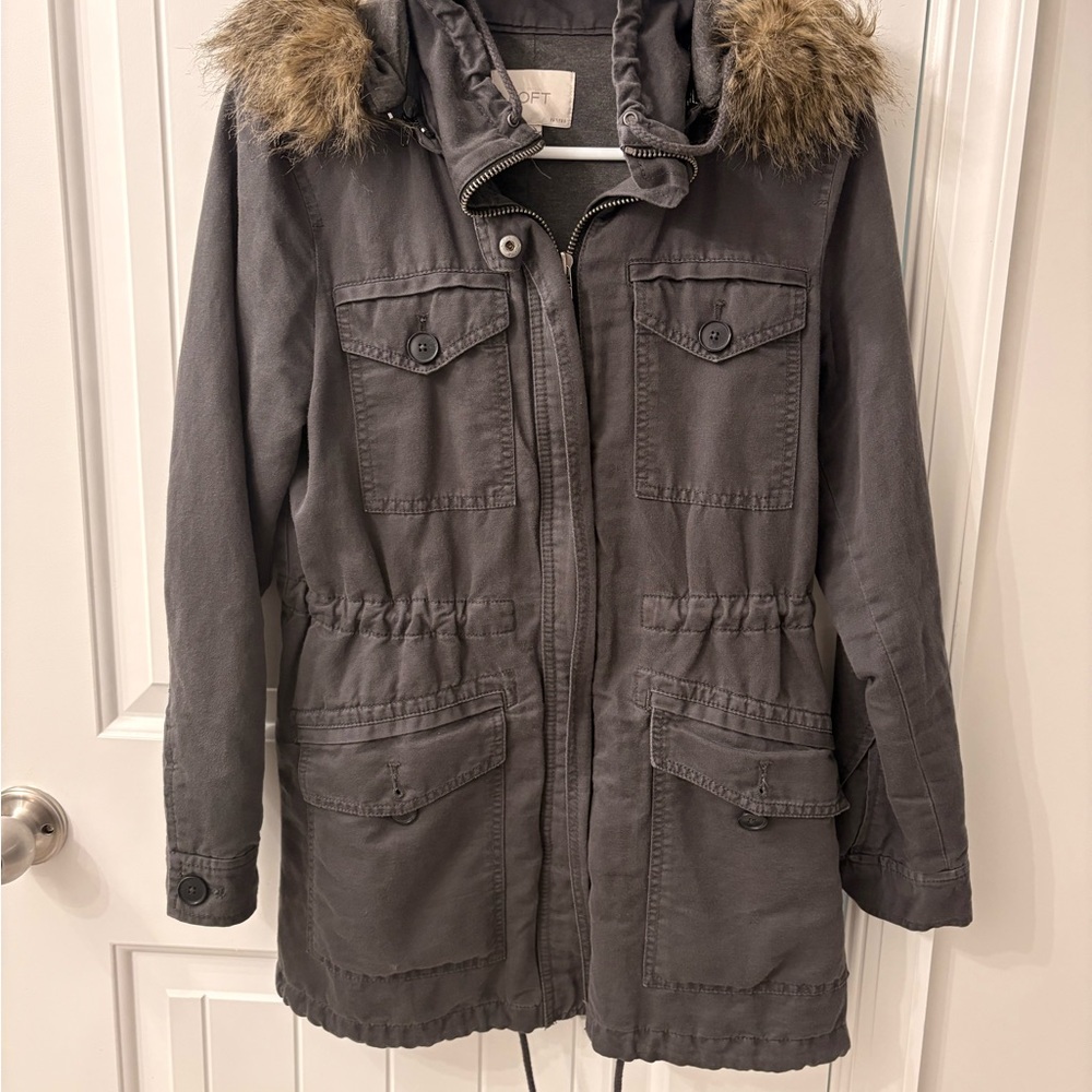 LOFT Charcoal Utility Jacket with Faux Fur Trim